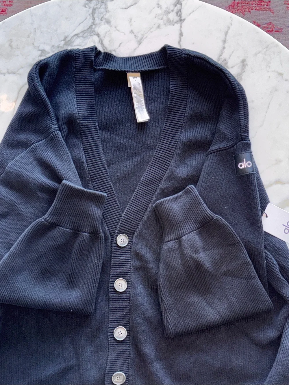 ALO Yoga Black Button-Front Ribbed Cardigan
